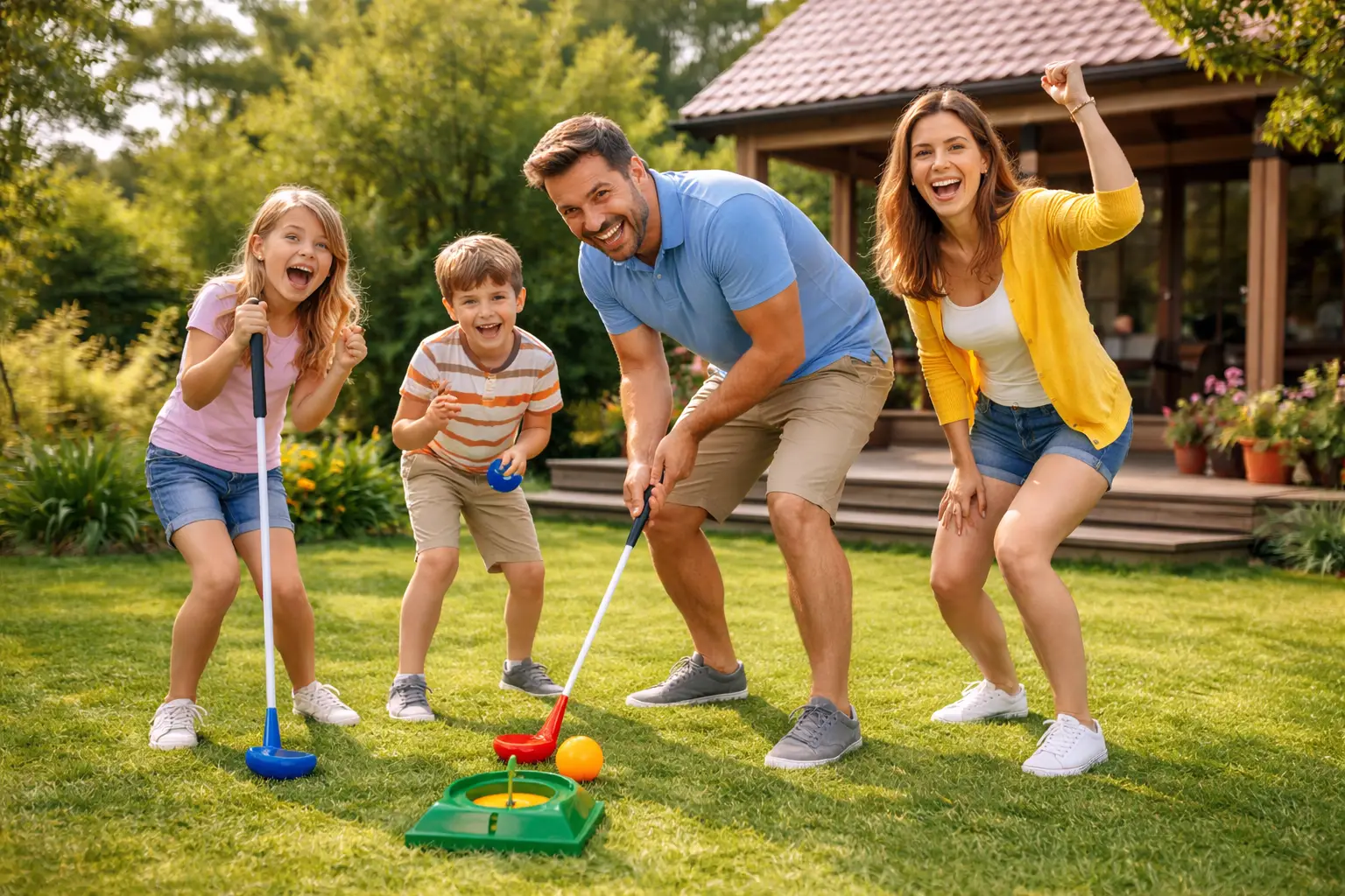 СЧАСТЛИВАЯ СЕМЬЯ ИГРАЕТ НА ДАЧЕ ИЛИ В ГОСТИНОЙ