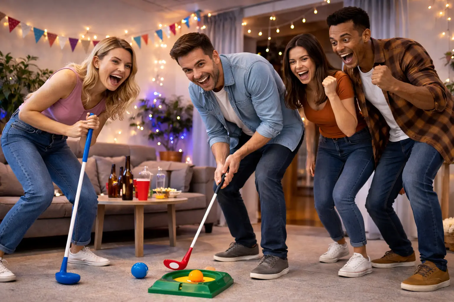 молодеж играет в Фан-гольф на вечеринке