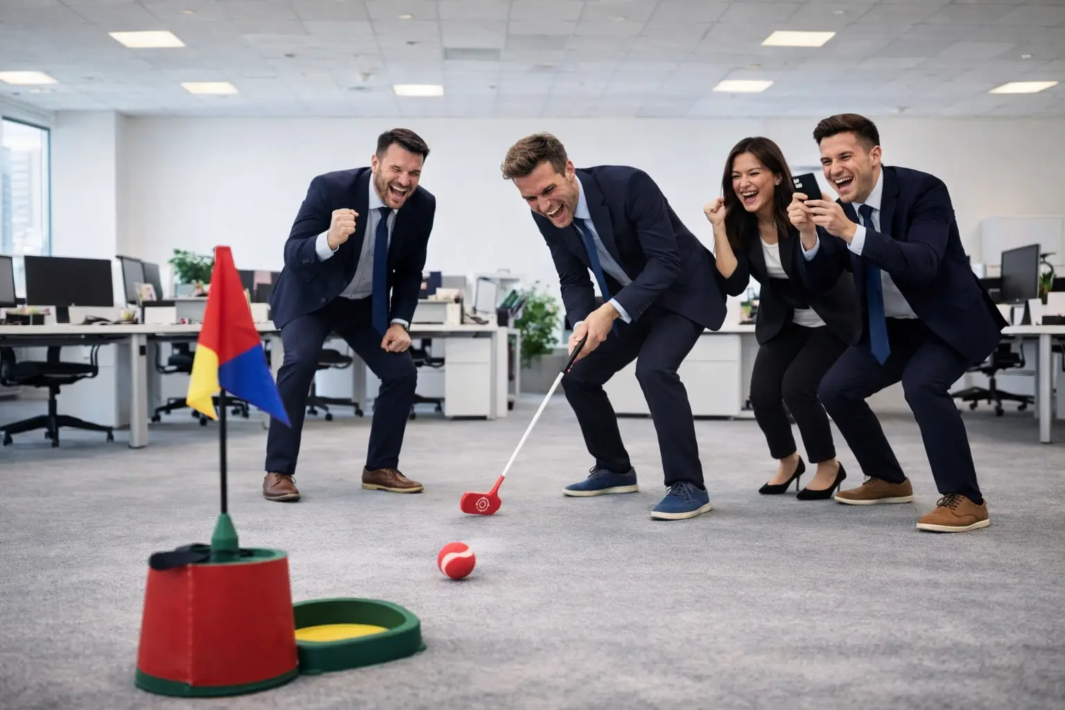 сотрудники в офисе играют в Фан-гольф